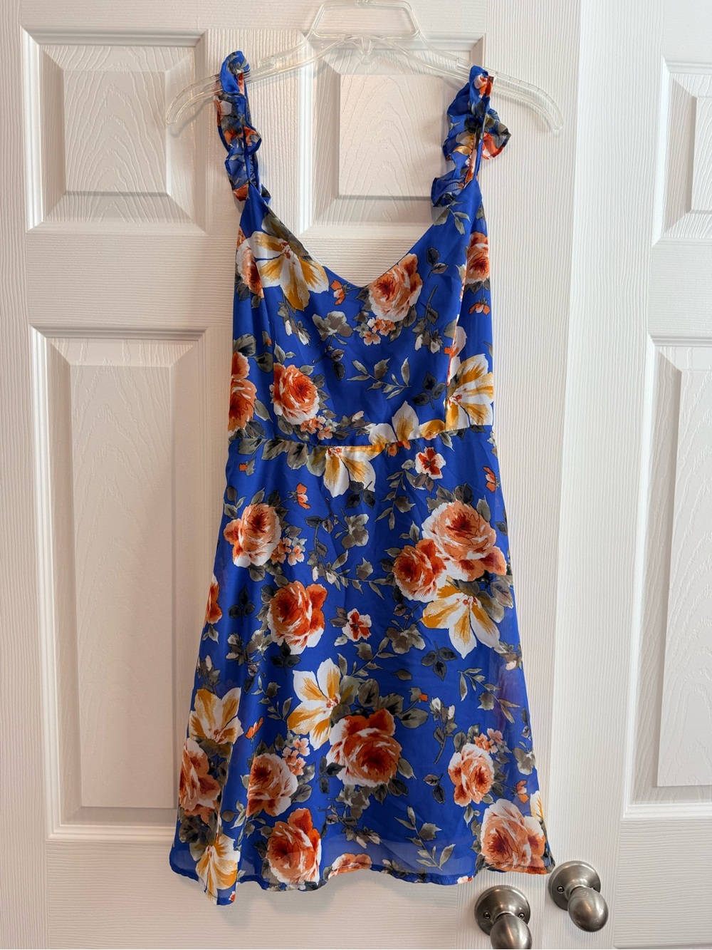 Altar'd State Royal Blue Floral Ruffle-Shoulder Sundress